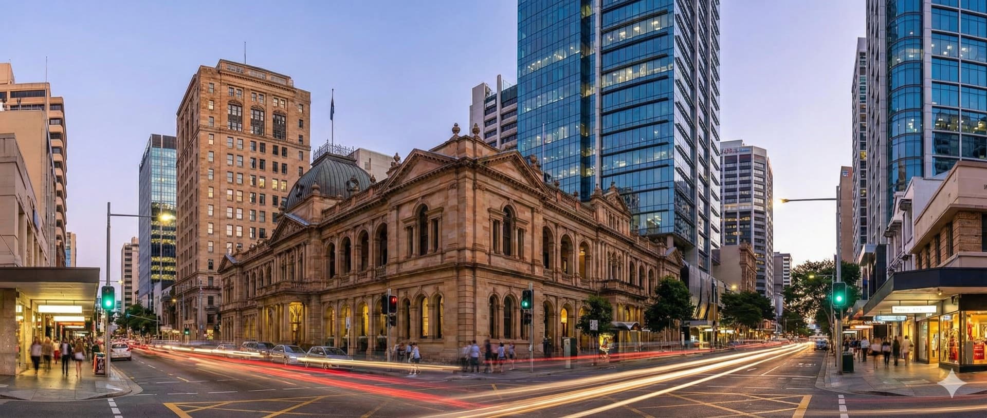 Historic civic building at dusk